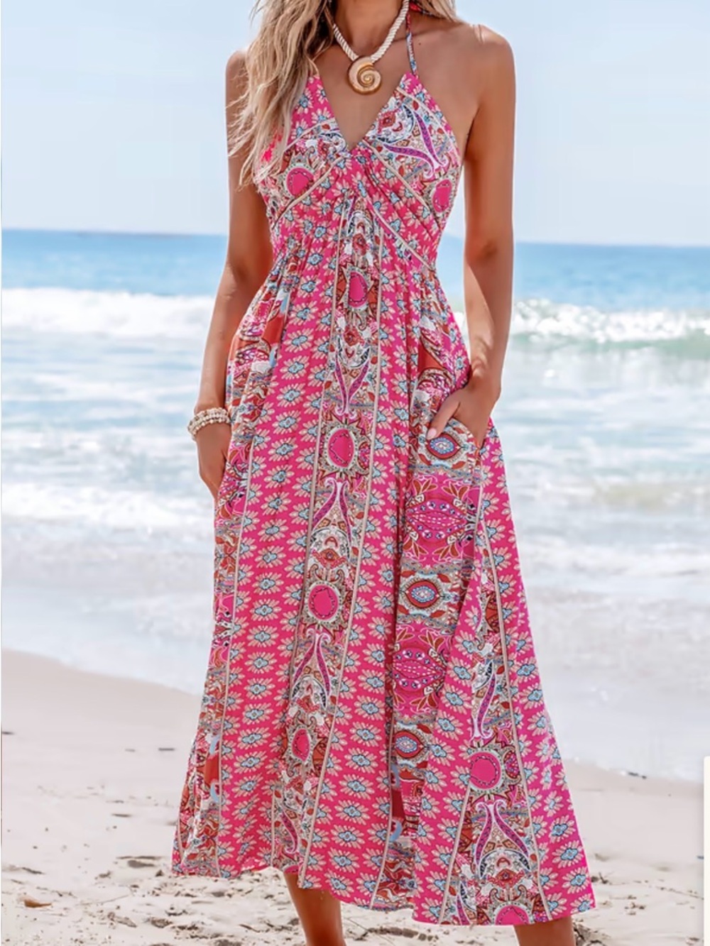 Cupshe Pink Paisley Halter Tie-Back Maxi Dress